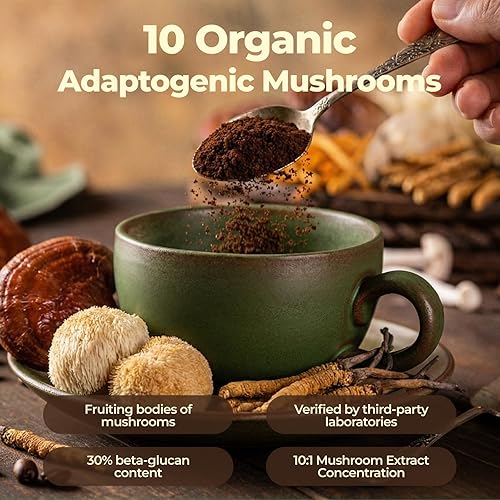 Miniatura 5 de Café de hongos con 10 hongos adaptogénicos (melena de león, cordyceps, cola de pavo y otros) mezclados, café instantáneo probiótico Ashwagandha para