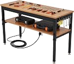 JoanKare 48" Heavy Duty Workbench with Power Outlet & Storage Shelf, 2500 LBS Load Capacity Iron-Wood Work Bench, Adjustable 2-Tier Workshop Table with Pegboard for Garage, Home & Workshop