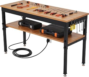 JoanKare 48" Heavy Duty Workbench with Power Outlet & Storage Shelf, 2500 LBS Load Capacity Iron-Wood Work Bench, Adjustable 2-Tier Workshop Table with Pegboard for Garage, Home & Workshop