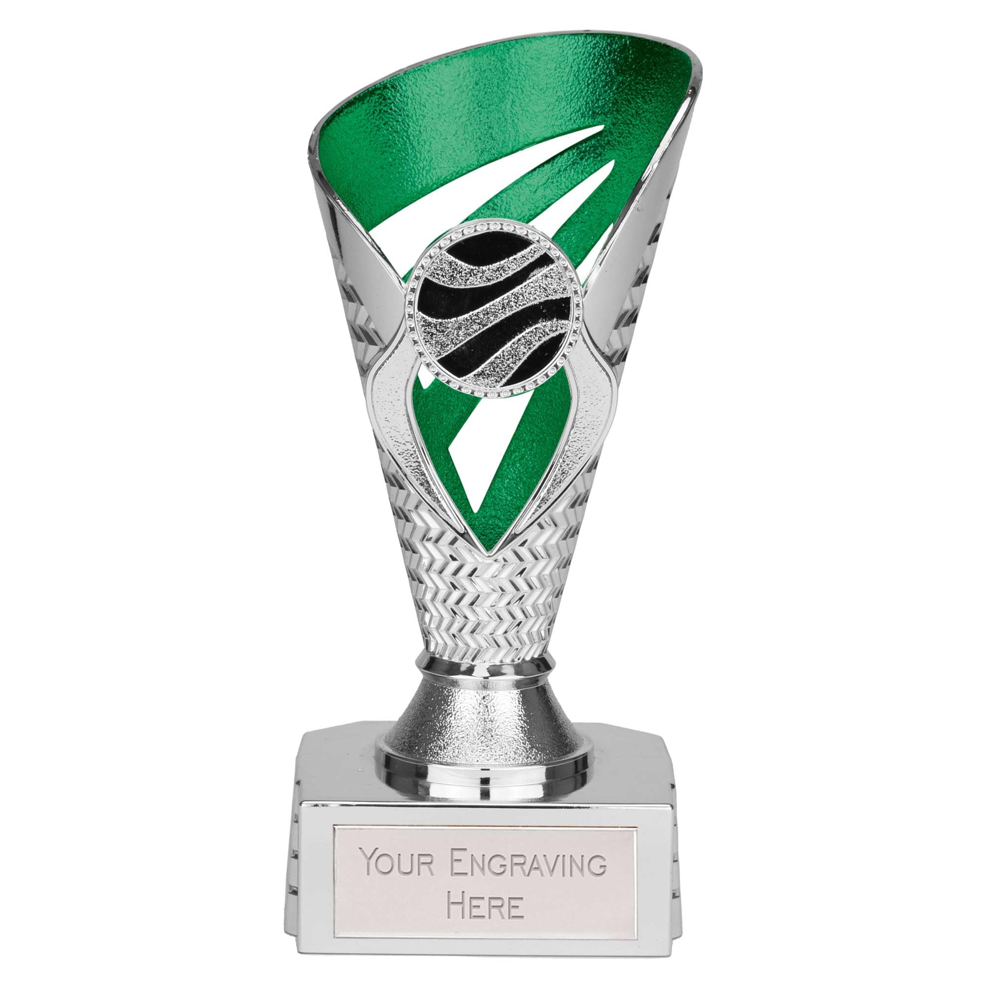 TROPHIESPLUSMEDALS Personalised Silver & Green Trophy Cup - Voyager Collection, Free Engraving | 15cm | School & Adult Sports Award