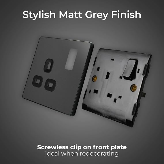 BG Electrical Single Switched Power Plug Wall Socket, Screwless Front Plate, Round Edges, Evolve, Matt Grey, 13A, PCDMG21B