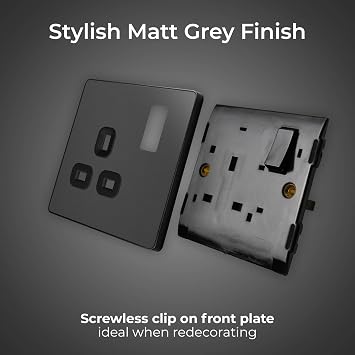 BG Electrical Single Switched Power Plug Wall Socket, Screwless Front Plate, Round Edges, Evolve, Matt Grey, 13A, PCDMG21B