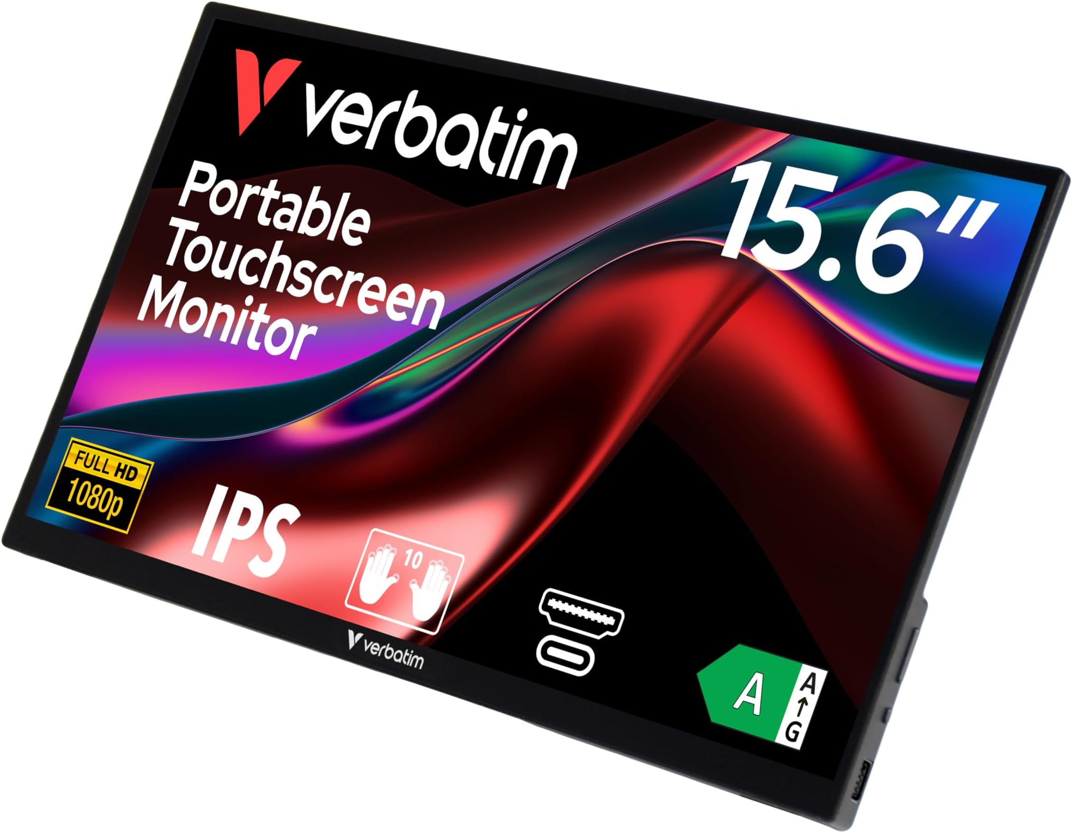 Verbatim PMT-15 Portable Touchscreen Monitor, Mobile 15.6 Inch Full HD Screen for Laptop, Tablet, Smartphone, PS5 or Nintendo Switch with USB-A, USB-C and HDMI Port, Black