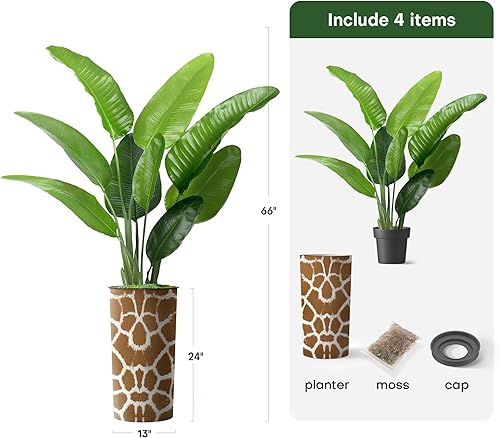 Miniatura 6 de Árbol artificial en maceta contemporánea, hoja de plátano falsa de seda para decoración del hogar en interiores y exteriores, altura total 66