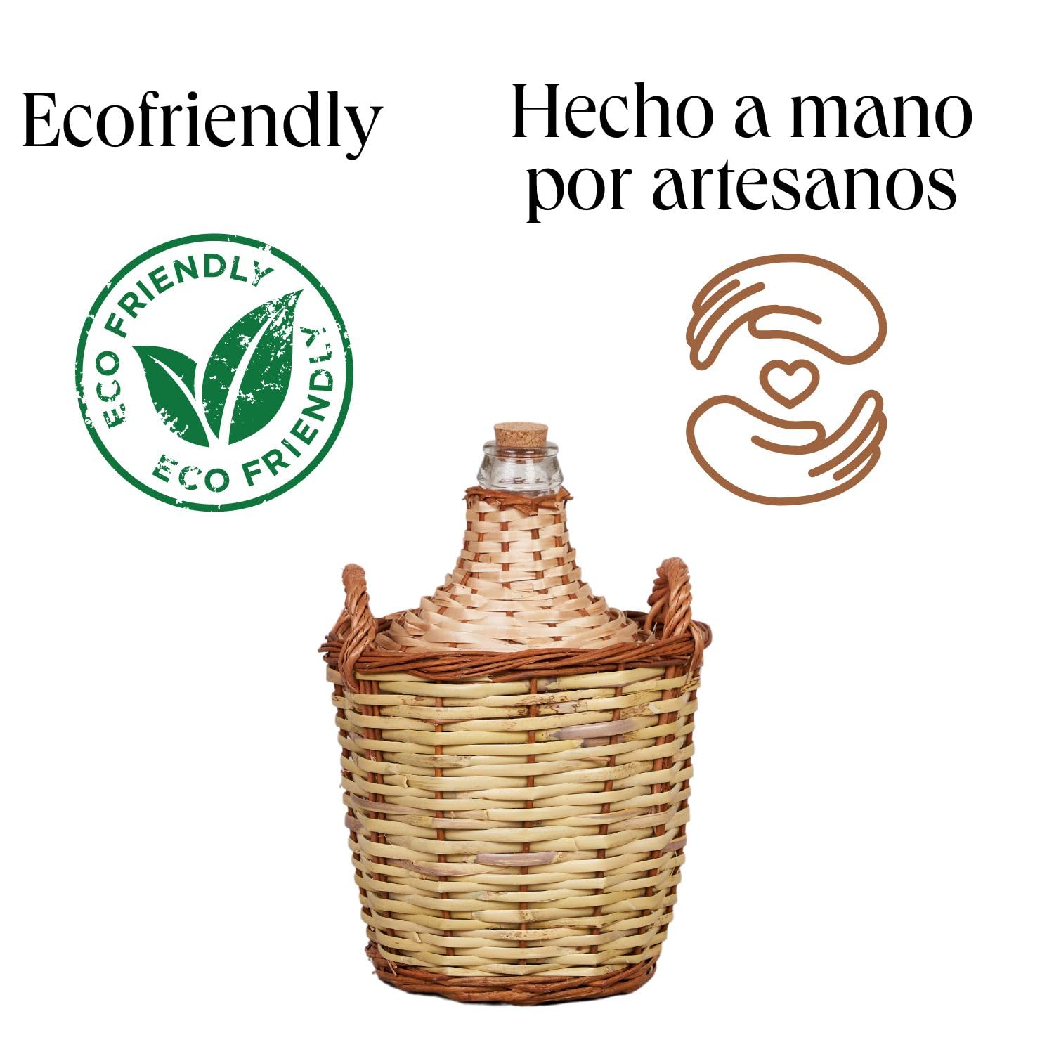 Garrafa Cristal Boca Estrecha Forrada Caña y Mimbre 4L Ref M1037CM-4 | Garrafa artesanal de vidrio reciclado forrada con caña y mimbre, fabricada en España con tapón de corcho natural.