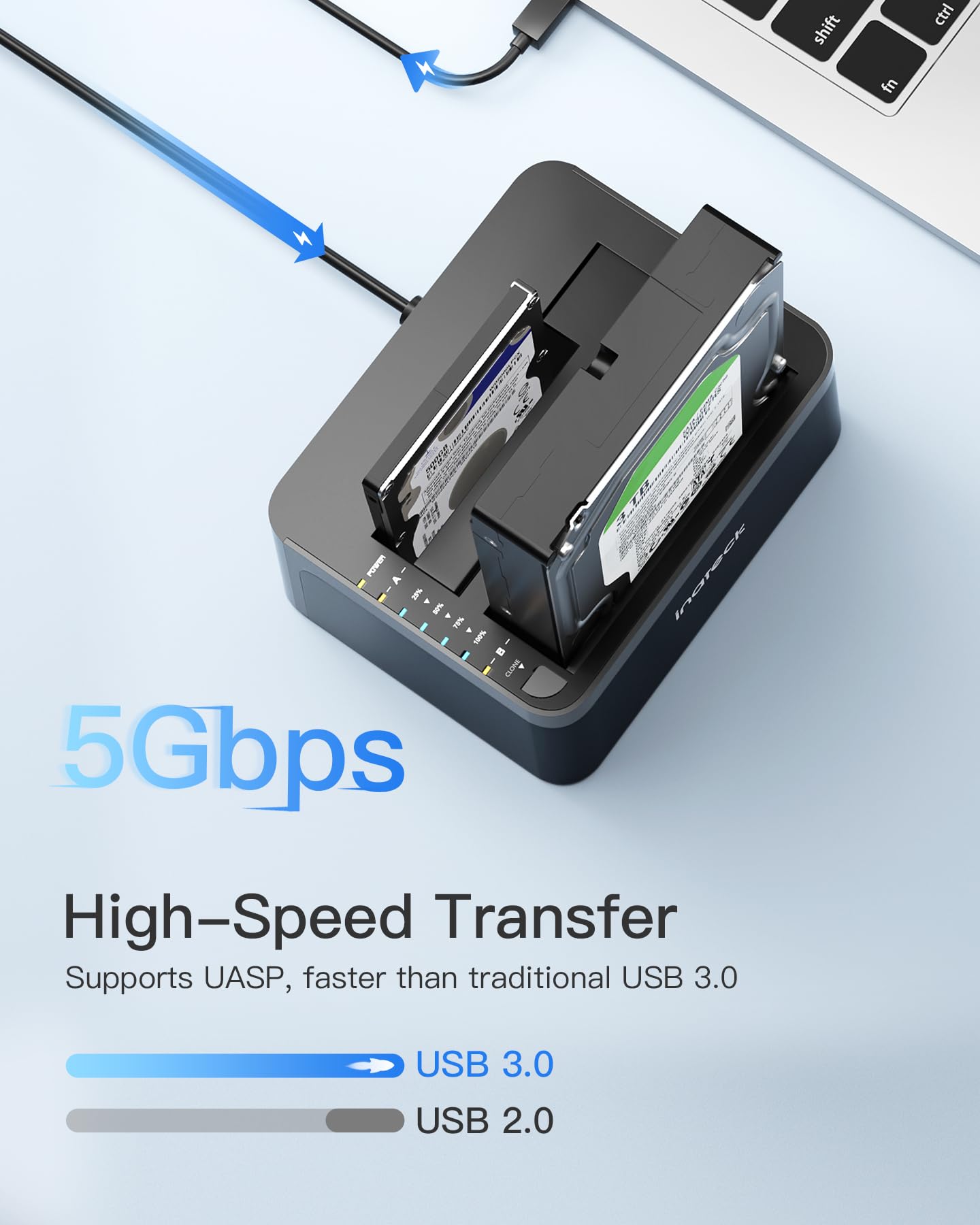 Inateck USB 3.0 Festplatten Dockingstation, Dual-Schacht Docking für 2,5/3,5 Zoll SATA HDD SSD, Offline-Klonen unterstützt, Schwarz, SA02002