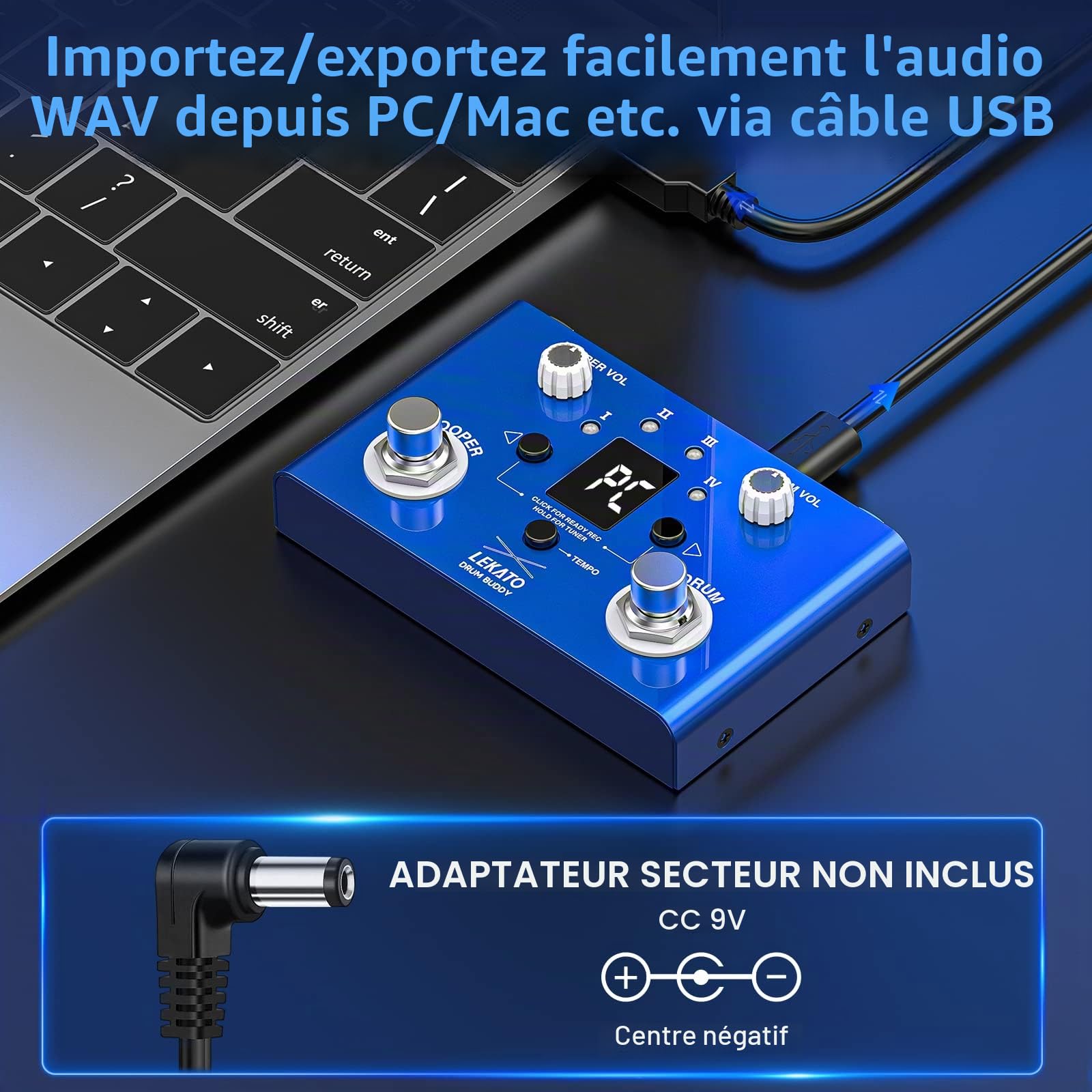 LEKATO Pédale de Boucle de Batterie avec Accordeur, 4 Boucles 11 Minutes Pédale de Boucle avec Boîte à Rythme 30 Batteries avec App pour Guitare Électrique et Basse, Tap Tempo
