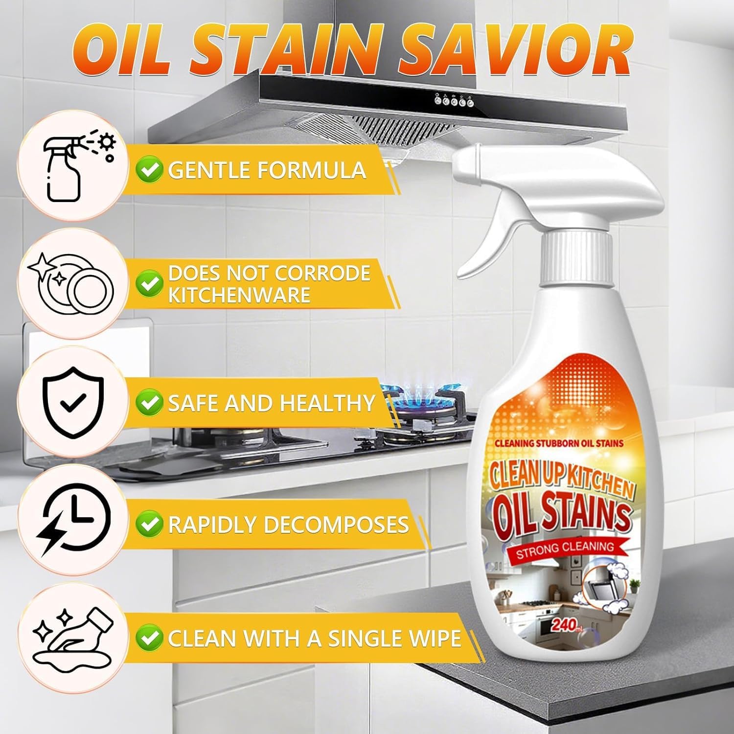 Heavy-Duty Kitchen Degreaser Foam Cleaner – Multipurpose Oil Stain Remover Spray, Kitchen Oil Multi Function Foam Cleaner Spray for Appliances Countertops Range Hoods