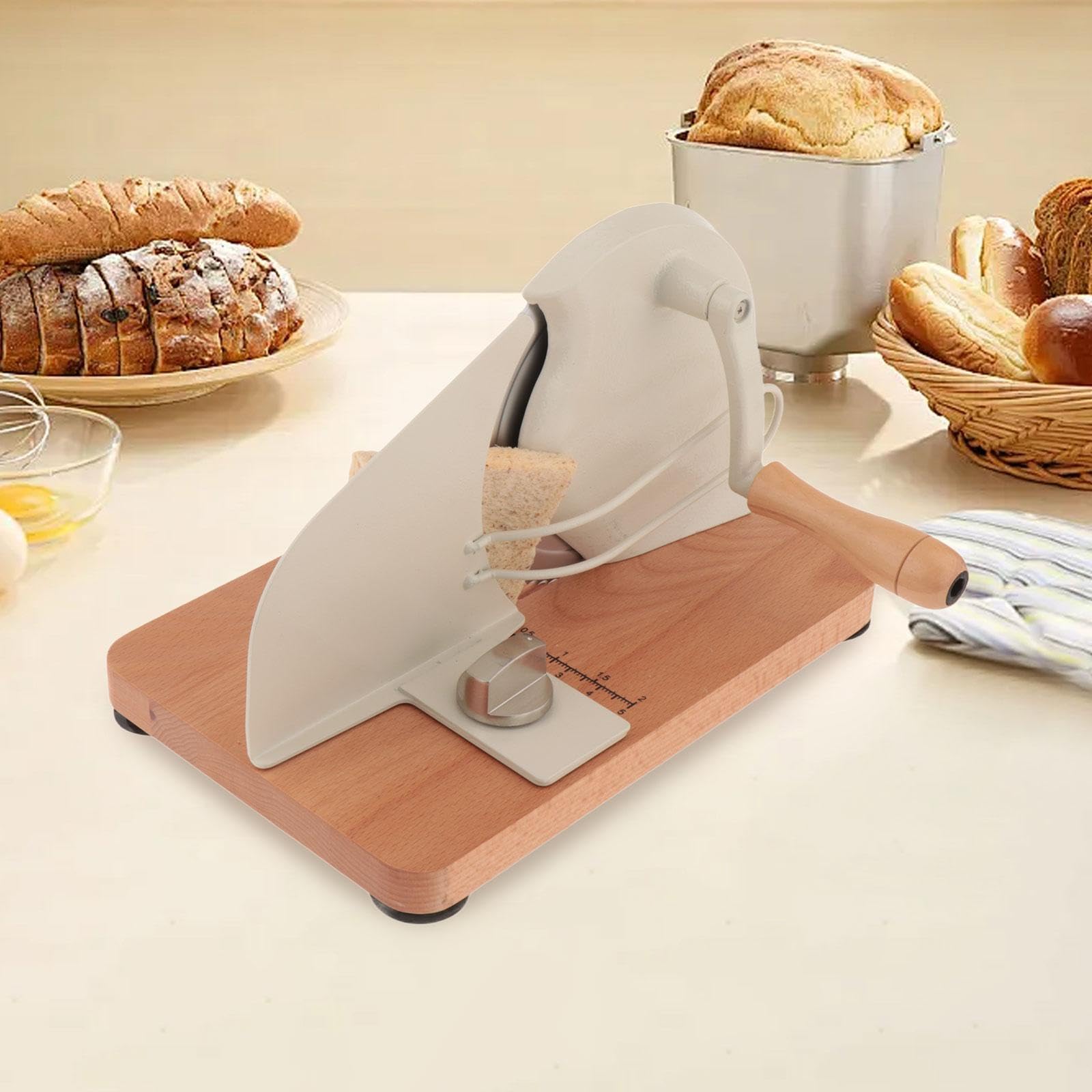 de Pan Manual Regulable en Grosor Equipado con Ventosas Antideslizantes Estructura de Acero Inoxidable Y Base de Madera Función de P, Blanco, Individual