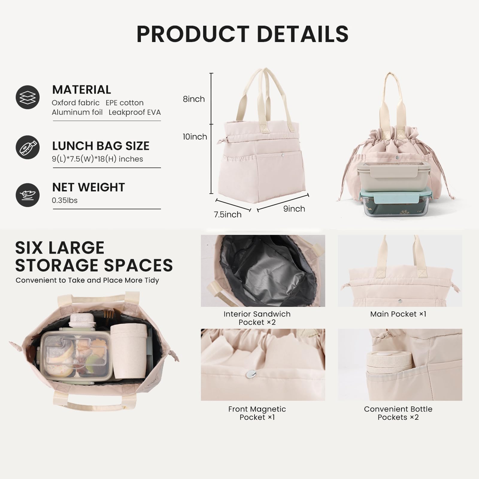 Sac Isotherme Repas Cordon Sacoche Glacière 10L Femme Imperméable Nylon Rangement Repas Multi Poche Sac Repas Bureau Voyage Picnic Trajet Maintien au Chaud Lunch