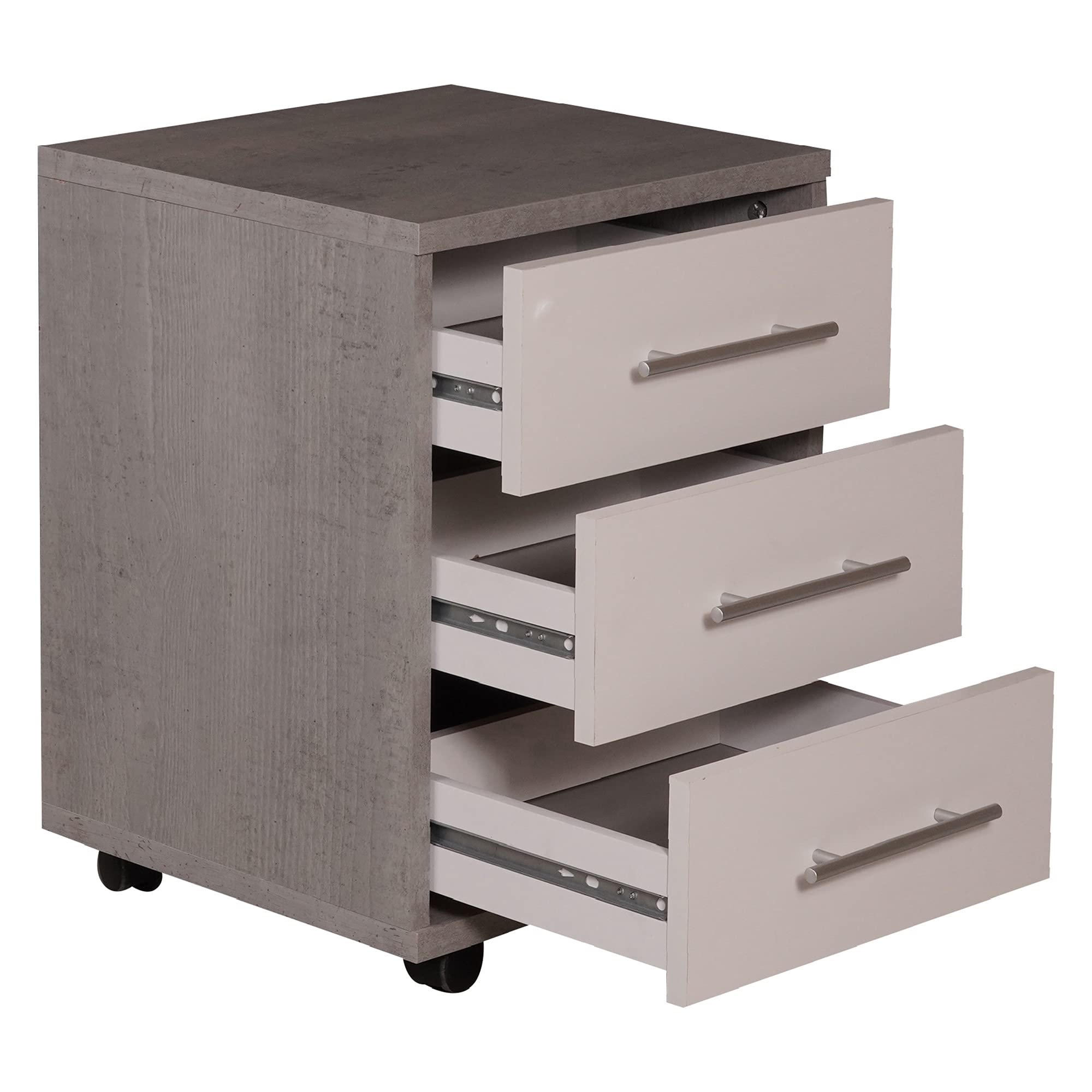 Dmora Commode de bureau avec 3 tiroirs sur roulettes, porte-documents, table de chevet de bureau élégante, cm 43x40h57, couleur Ciment et Blanc