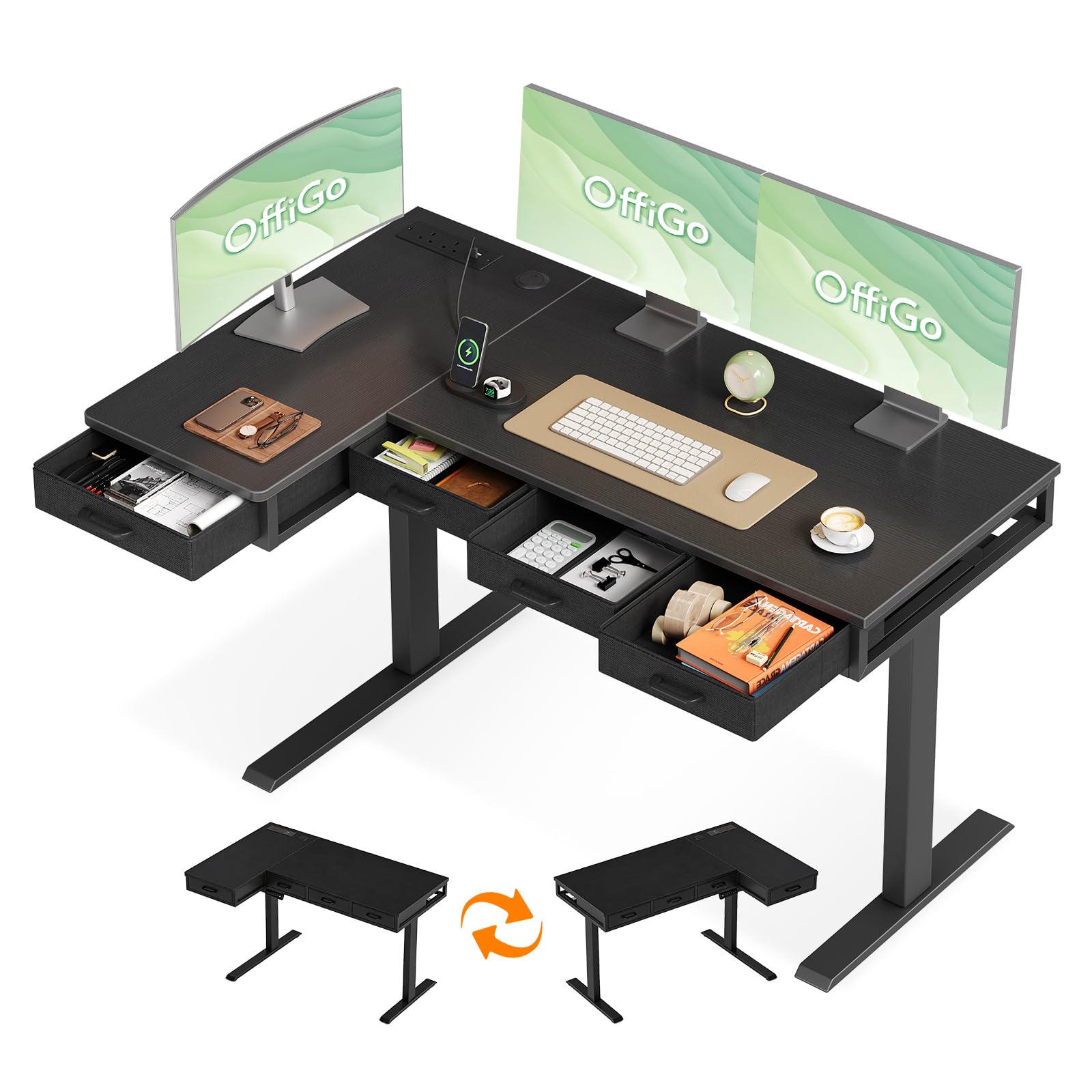 OffiGo Standing Desk, 140x80cm Corner Electric Desk with 4 Drawers, Large L Shaped Table with Socket, Height Adjustable Rising Table with Storage for Sit Stand Home Office Workstation, Black