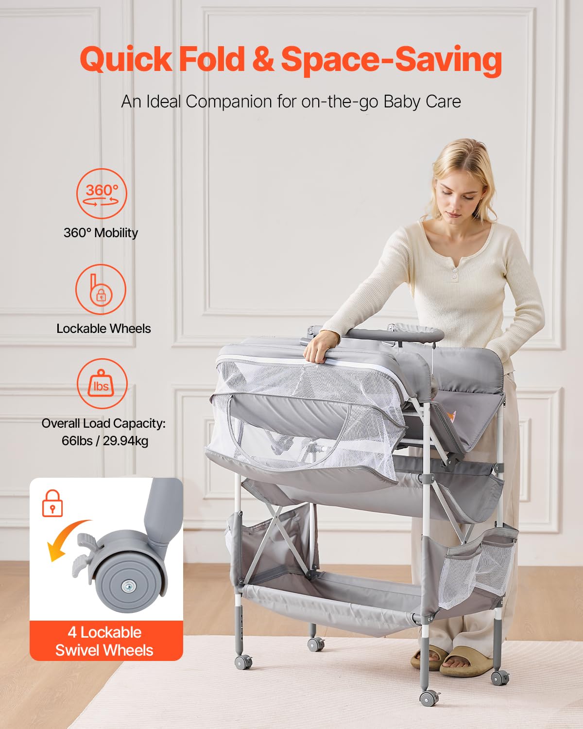 VEVOR Table à langer pour bébé, station à langer pliable avec 2 tiroirs en tissu, panier latéral et tringle, table à langer portable à hauteur réglable avec roulettes verrouillables et 2 jouets en