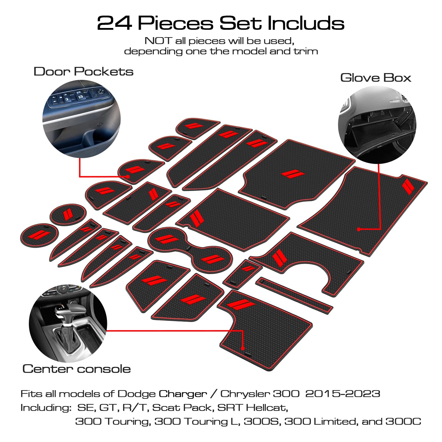 REMOCH Fits Dodge Charger Accessories 2015-2023, Cup Holder Insert Center Console Shifter Liner Trim Interior Door Pocket Mats Pad (26pcs Set, Red Trim)