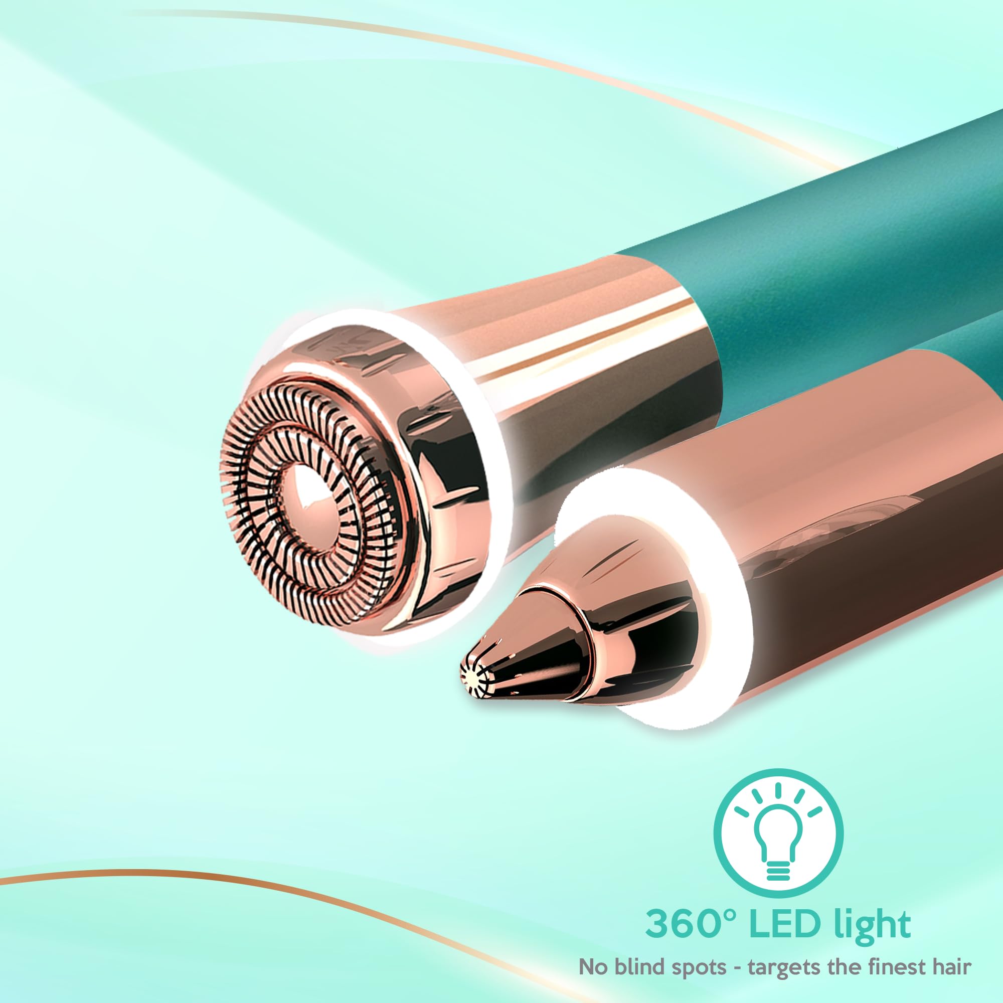 Removedor de cejas y vello facial 2 en 1 para mujeres, afeitadora eléctrica sin dolor, con chapado en oro de 18 quilates, recargable por USB, LED de 360° para depilación impecable de cejas y