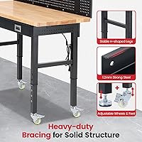 Vista 4 de ENJOYWOOD Bancos de trabajo para garaje con ruedas de 60 pulgadas Banco de trabajo ajustable de goma con tapa de madera y cajones, tablero