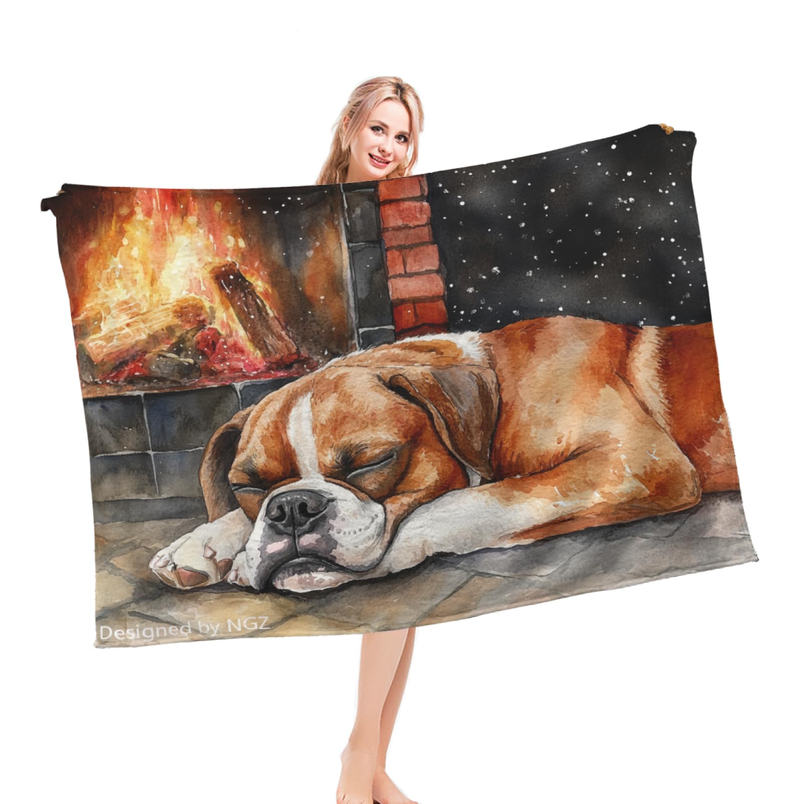 Dekoracyjny koc zimowy komin z psem Bokserki Pluszowy Koc Polarowy Lekki Koc Plaid Sofa Podróżna Sofa Zima L