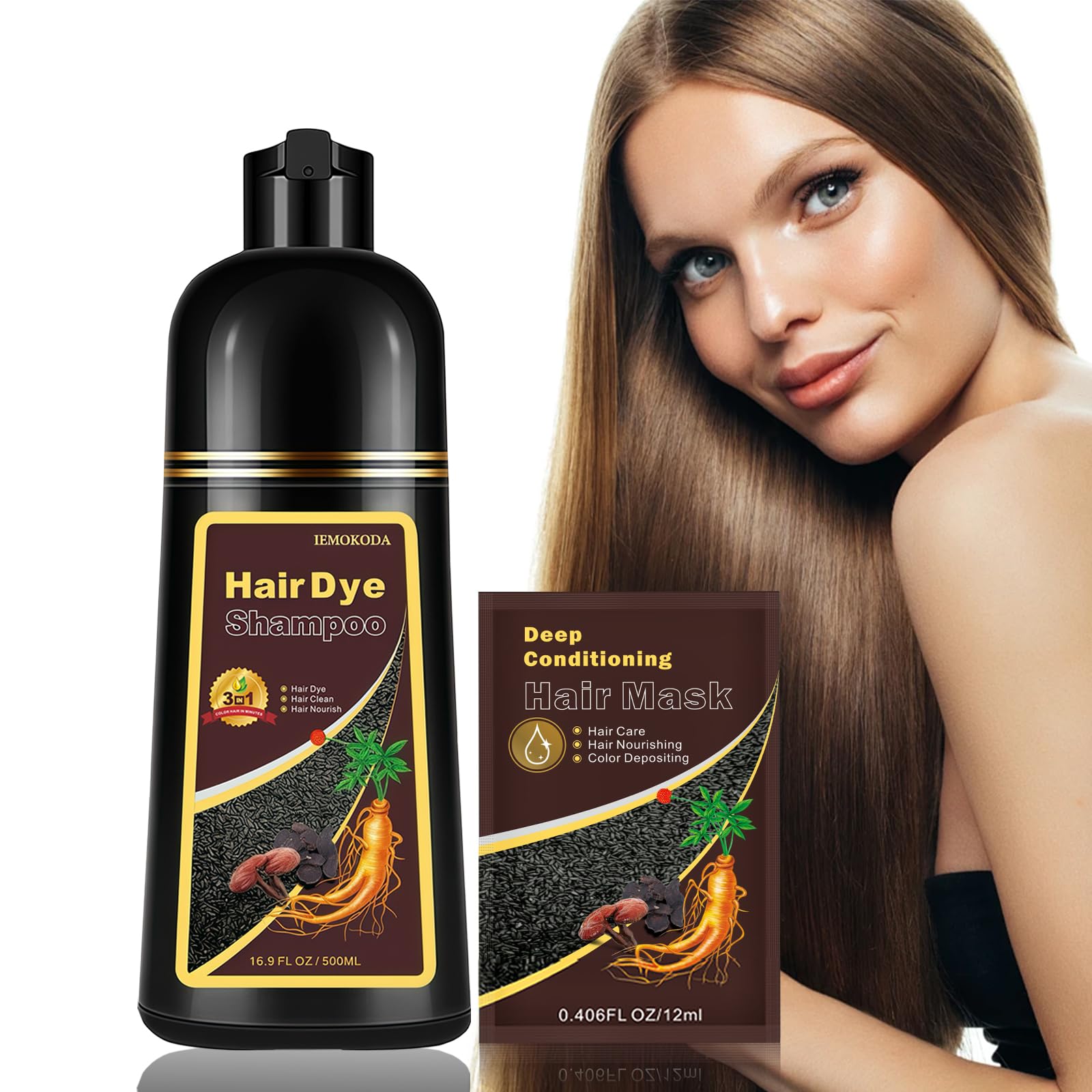 Herbal Light Brown Hair Color Shampoo - 3 in 1 Lasting Hair Dye for Women & Men, 17.60 Fl Oz
