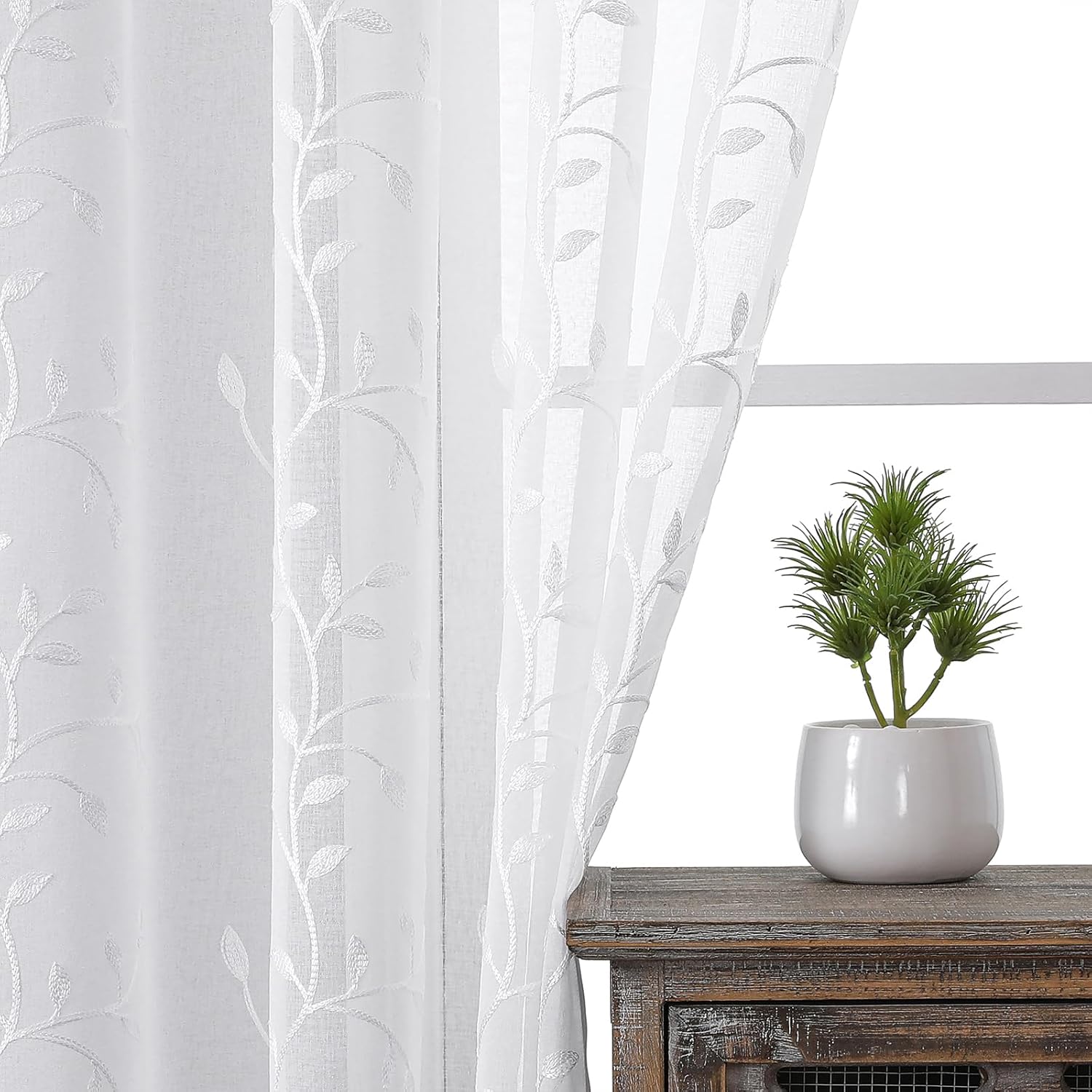 VISIONTEX White Sheer Voile Curtains, Decorative Beige Leaves Embroidery Faux Linen Rod Pocket Window Drapes for Home Kitchen, Living Room and Bedroom 54 x 84 Inch, Set of 2 Curtain Panels