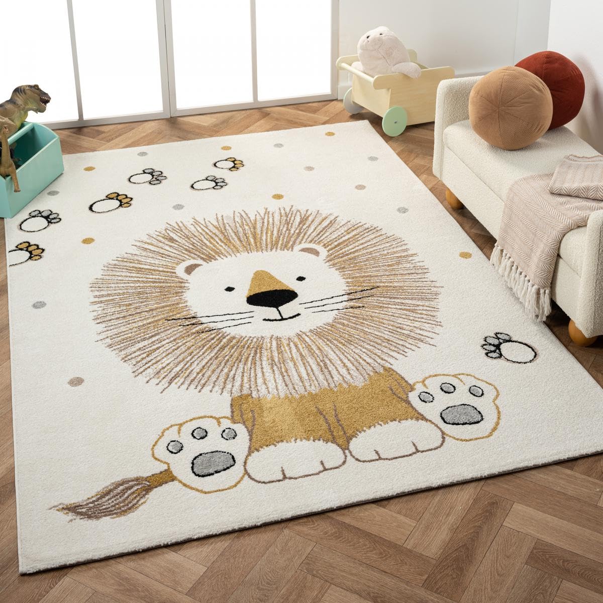 Tapis Enfant Couloir, 120 X 170 Cm, Écru, Motif Lion Empreintes Pois, Tissé en Turquie Poils Ras, Style Doux pour Chambre, 9598