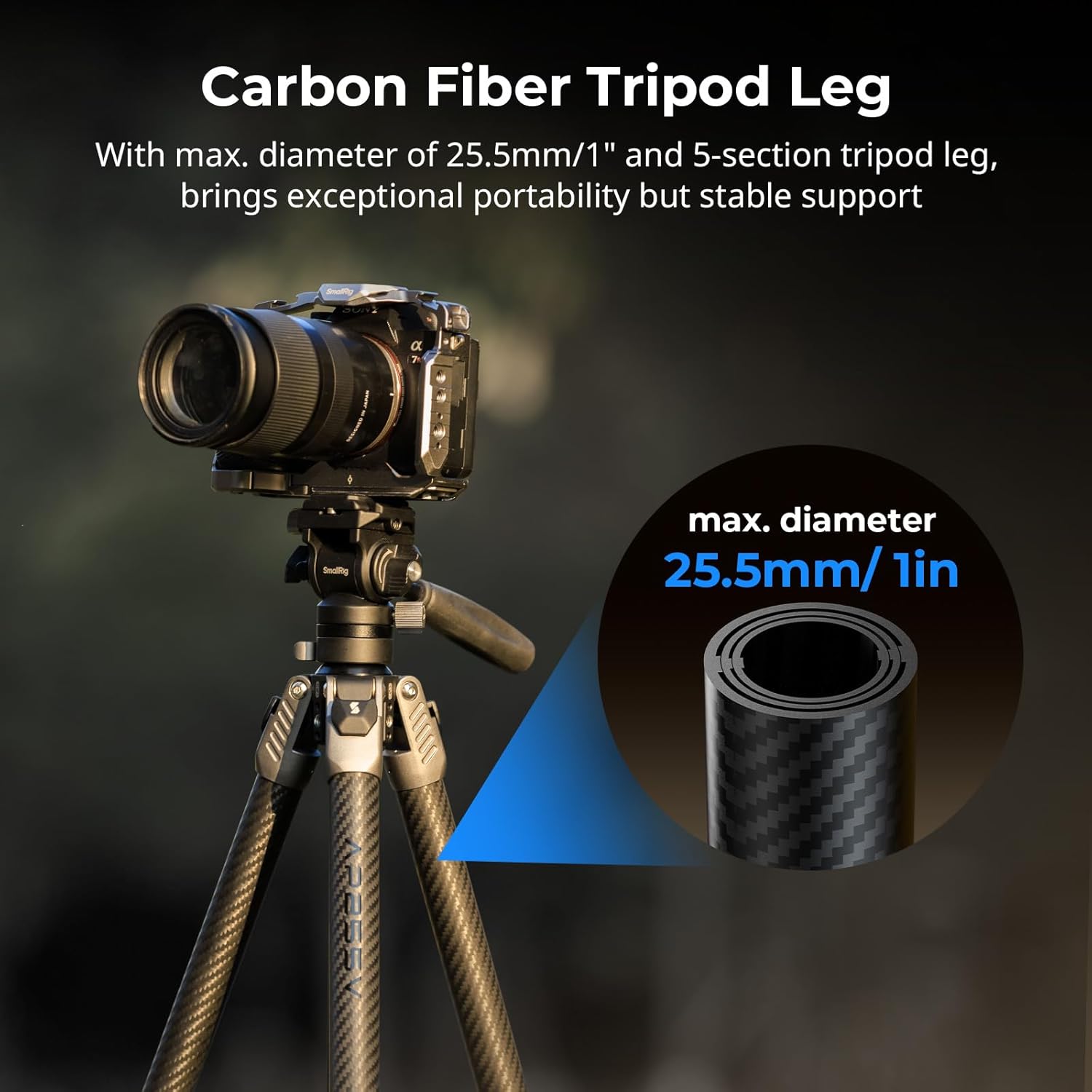 SmallRig 63" Portable Travel Tripod for iPhone and Camera, 160cm Carbon Fiber Video Tripod Stand with Compact Size 52cm/ 20.5" but 3kg Playload Fluid Head for Outdoor Photography AP255Pro