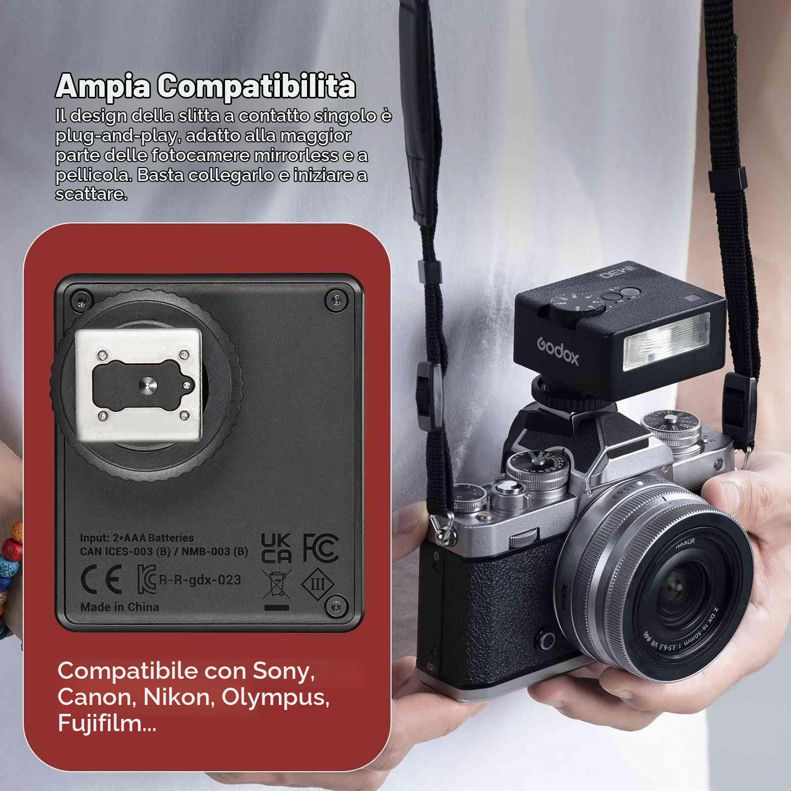 Godox iM30 Mini fotocamera flash, GN15 con potenza flash a 7 livelli, CCT 6500K±200K con controllo ottico S1/S2 per Canon/Sony/Fuji/Nikon/Panasonic/Olympus, per fotocamere con hotshoe singolo contatto
