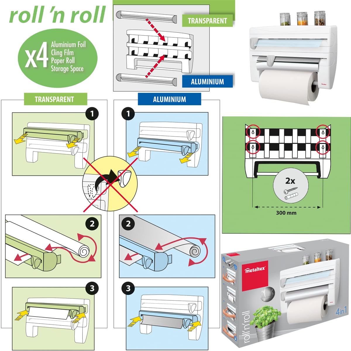 Metaltex 254410 Dispenser portarotolo da cucina Roll-n-Roll 4-in-1, bianco, 39 x 10 x 25 cm.