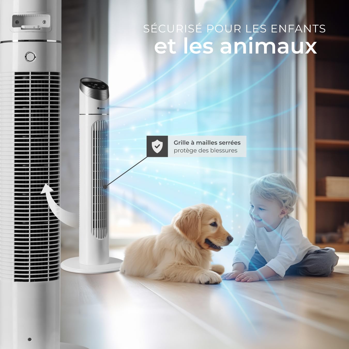 tectake® Ventilateur Colonne 90 cm, 3 modes et 3 vitesses, Fonction de minuterie, Ecran LED, Télécommande, Ventilateur Silencieux & Oscillant pour Bureau, Chambre, Salon, Maison - Blanc