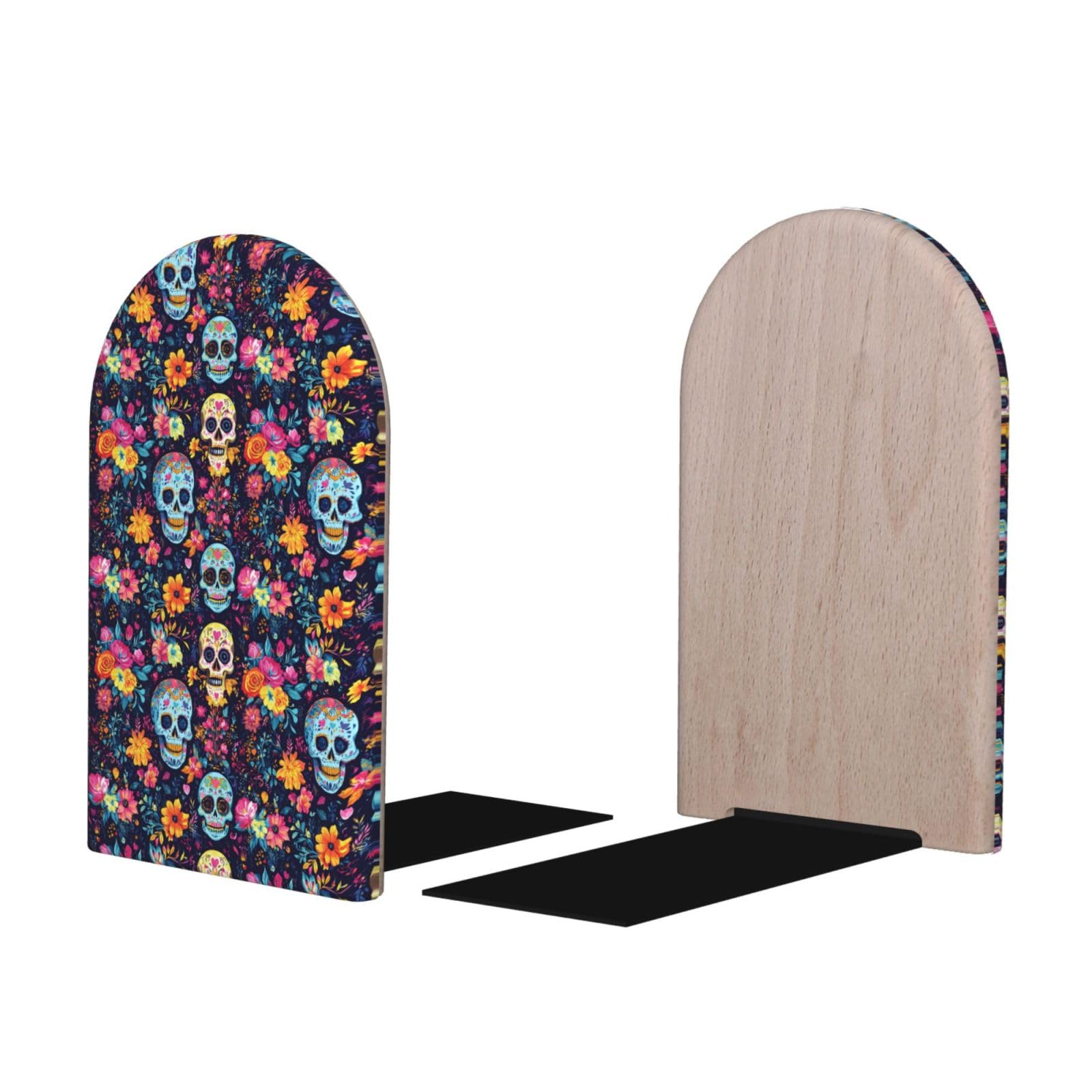 Boho Style Skull (A) Print BookEnds 1 Pair, Decorative Bookends for Heavy Books, Wood Book Ends for Shelves, Book Organizer for Home Desk Office Supplies