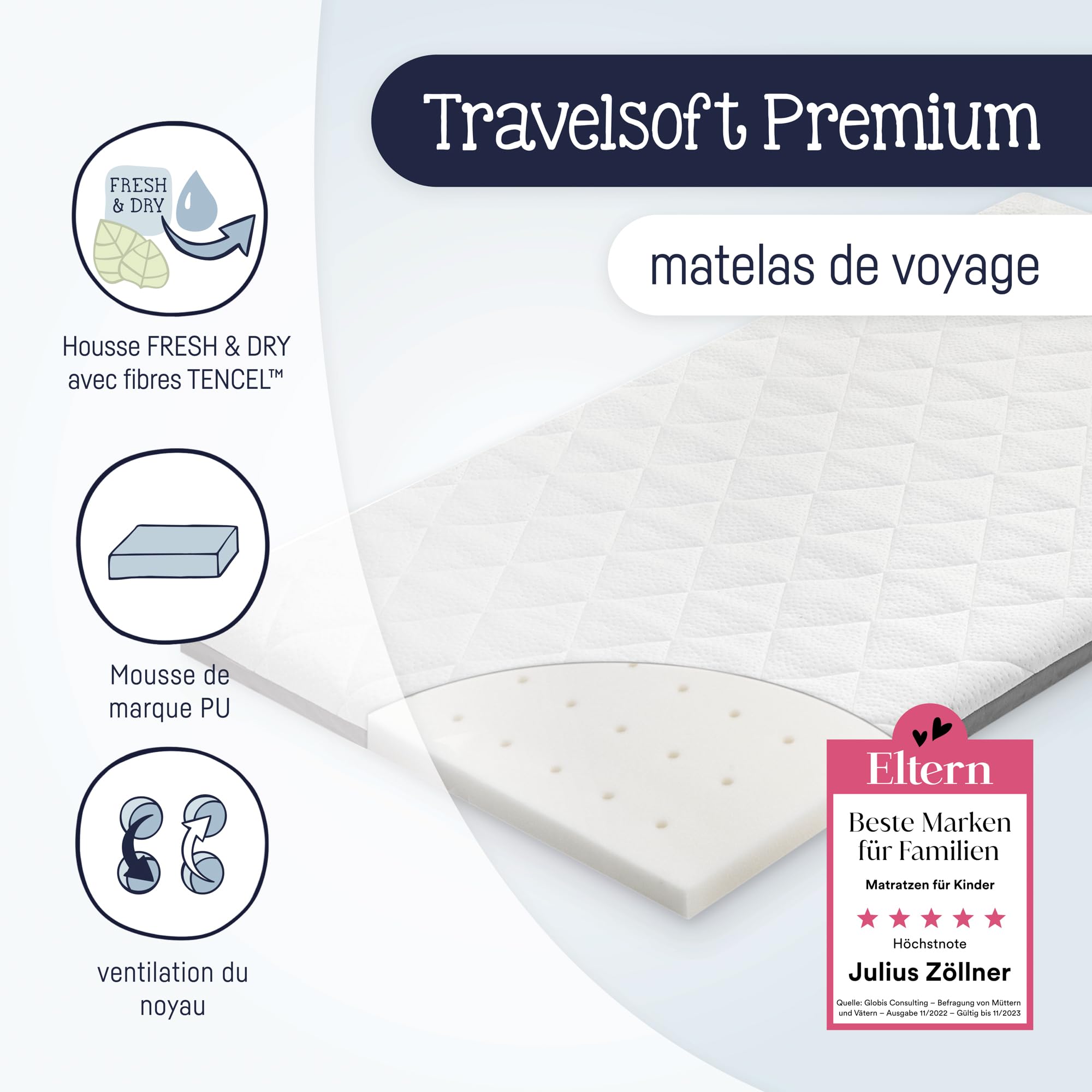 Julius Zöllner Matelas pour lit de voyage Travelsoft Premium 60/120 cm OEKO-TEX Standard 100