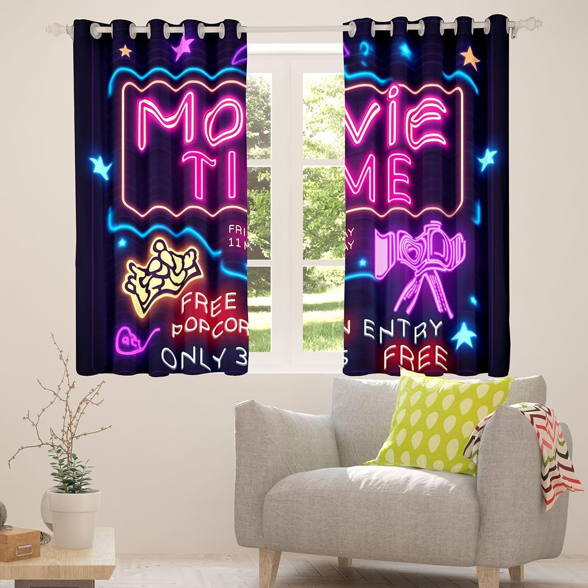 Erosebridal Neon Sign Movie Theater Decor Blackout Curtains Vintage Cinema Curtains & Drapes,Cinema Scenes Curtains Filmstrip Printed Decorative Window Curtains 76"X54",Movie Theater Cinema Decor