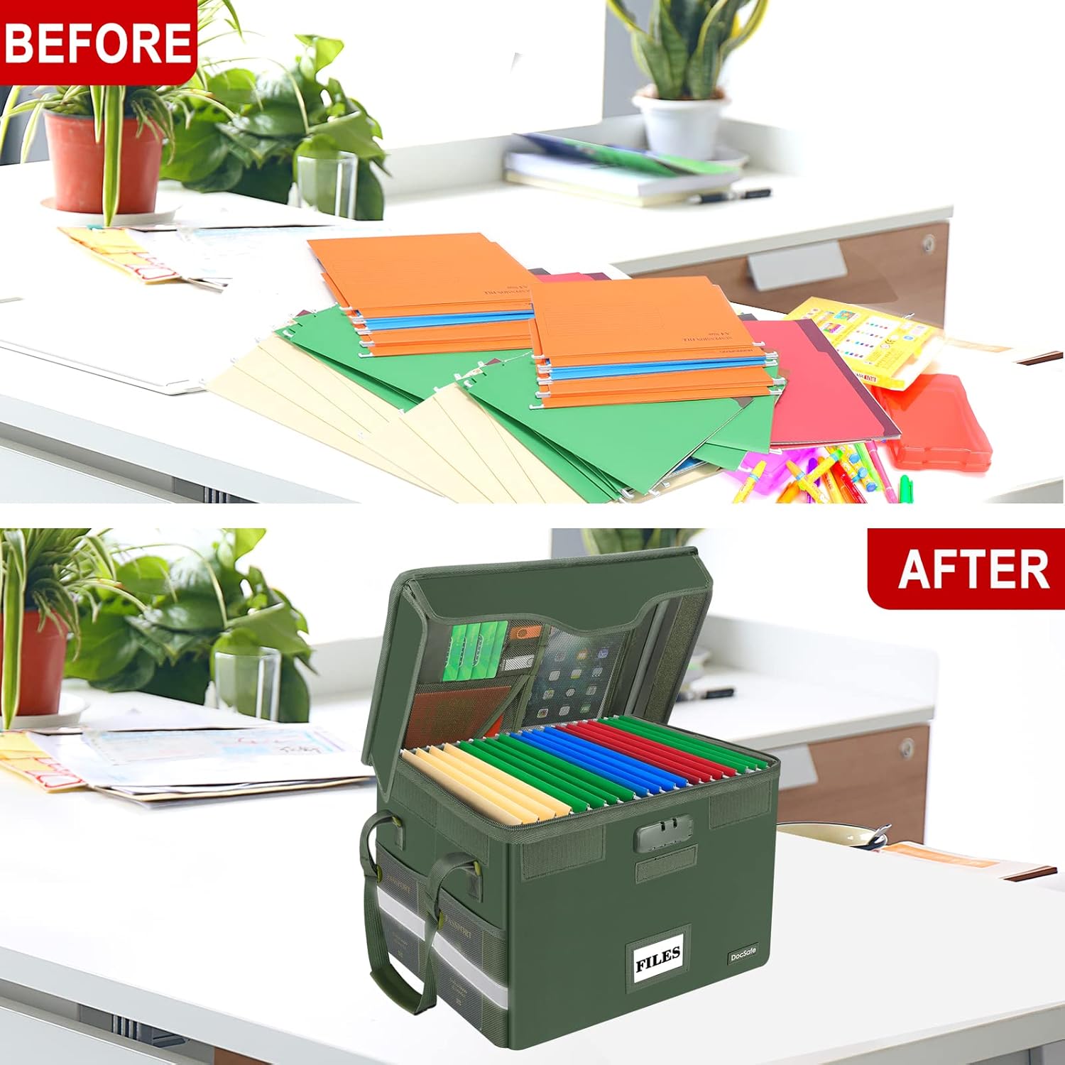 DocSafe Fireproof Document Box with Lock,File Storage Organizer with Pockets,Collapsible Portable File Box Home Office Safe Filing Cabinet with Handle for Hanging Letter/Legal Folders,Green,2 Pack