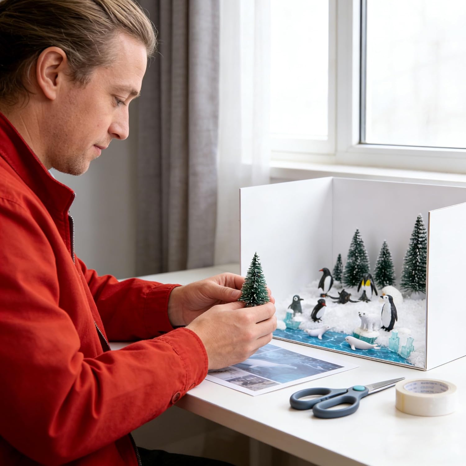 codree 30 Pcs Arctic Animals Habitat Diorama Project Set, Arctic Diorama Box Kit Figurine Toys Model, Polar Bear Penguin Animals Figurines Diorama Supplies for DIY Crafts Gifts School Project