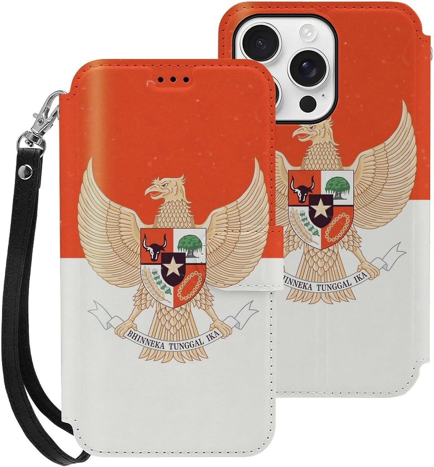 Vintage Indonesian Flag Indonesia Emblem Compatible with iPhone 16/16 Plus/16 Pro/16 Pro Max/16 E Case Phone Wallet Card Holder Flip Cover with Wrist Strap