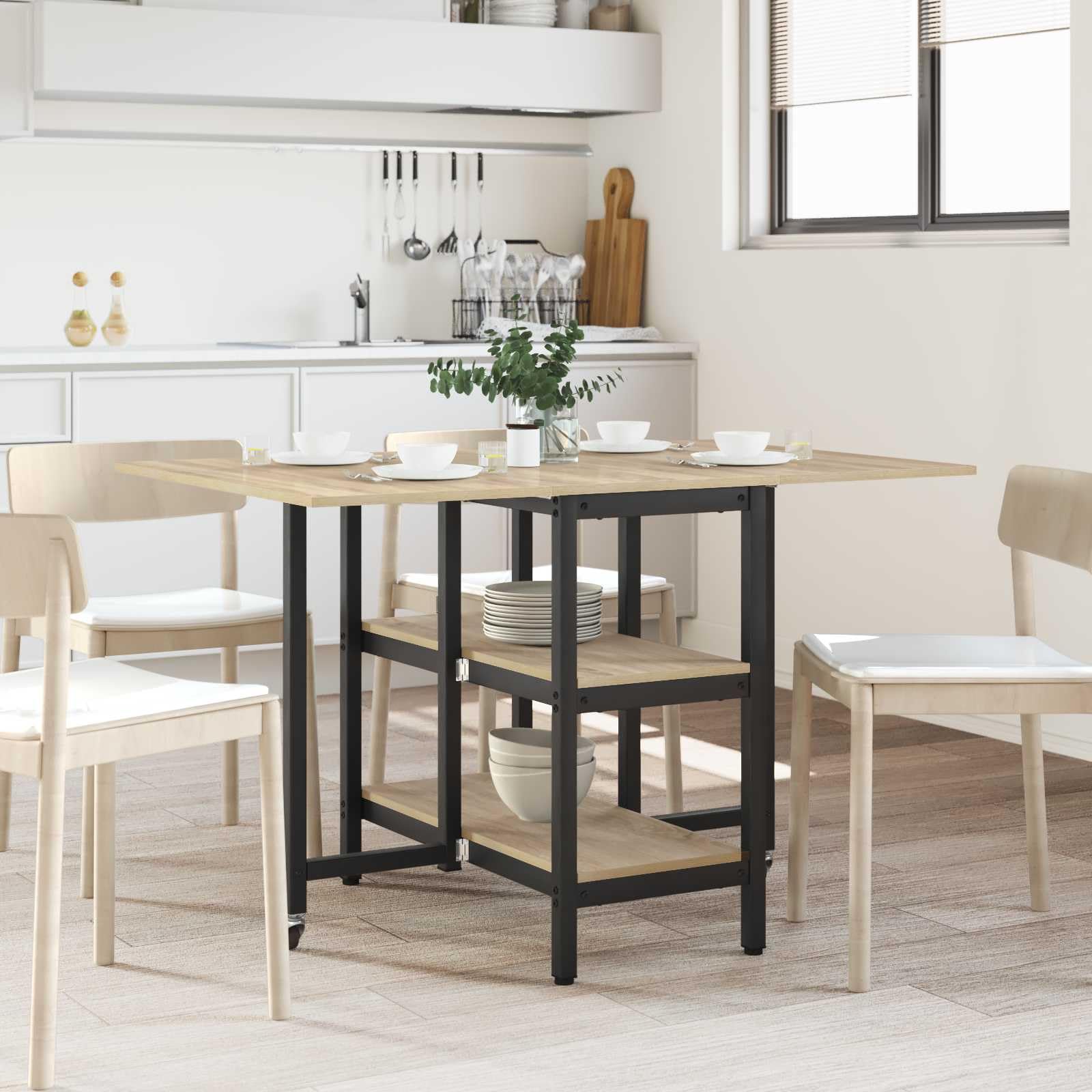 Tavolo da Pranzo Allungabile Pieghevole 122x80x76,5 cm | Mobile salvaspazio per cucina e soggiorno con due ripiani inferiori per riporre stoviglie e accessori.