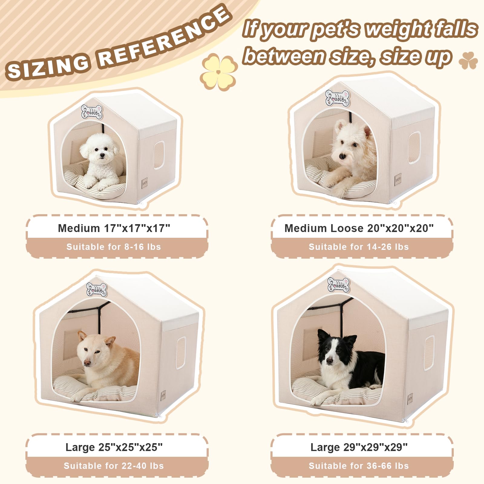 Jiupety Cuccia per cani da interno con telaio, graziosa tenda per cani con grotta di copertura, traspirante, lavabile e pieghevole, adatta per 9-18 kg, grande (63 x 63 x 63 cm), beige