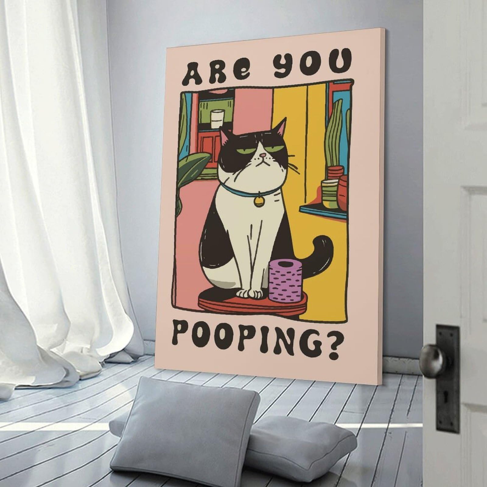 Junmoney Frame-Style Decorative Wall Artwork Grumpy Cat Are You Pooping Art, 24X36inch(60X90cm), For Sofa Walls, Lounge Or Home Corners, Modern Wall Decor For Cosy Interiors