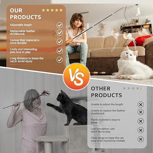 Miniatura 6 de ROSAUI Juguetes interactivos para pájaros para gatos de interior, juguetes de caña de pescar para gatos de 42.15 pulgadas de largo, 2 cables y 5