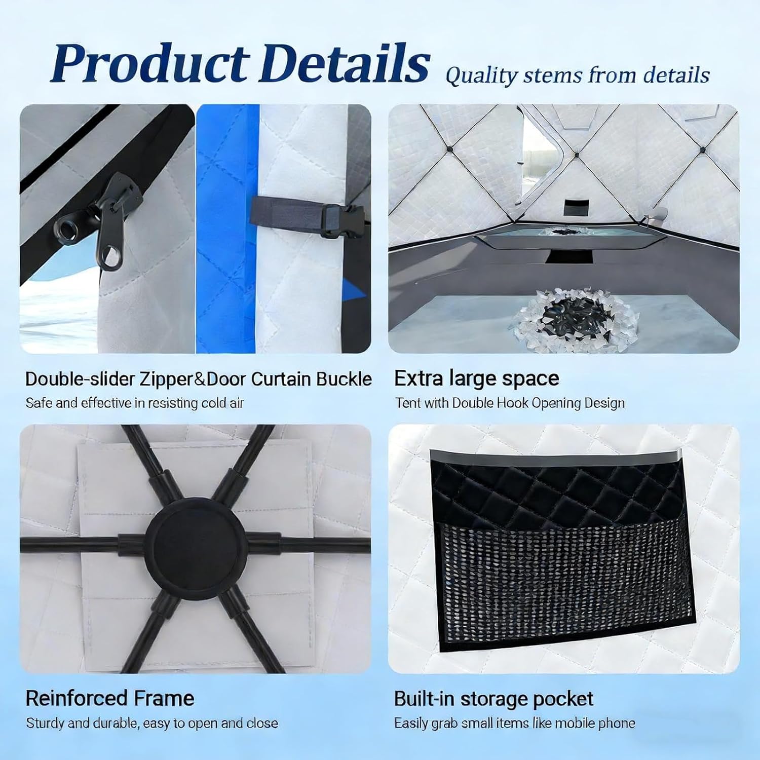 Portable Ice Fishing Shelter, Pop-Up Cold-Weather Fishing Tent, 5-6 Person Winter Fish Tent, with Stove Jack Floor Mat Ice Anchors Carry Bag, Ideal for Portable Warm Winter Fish Cabin