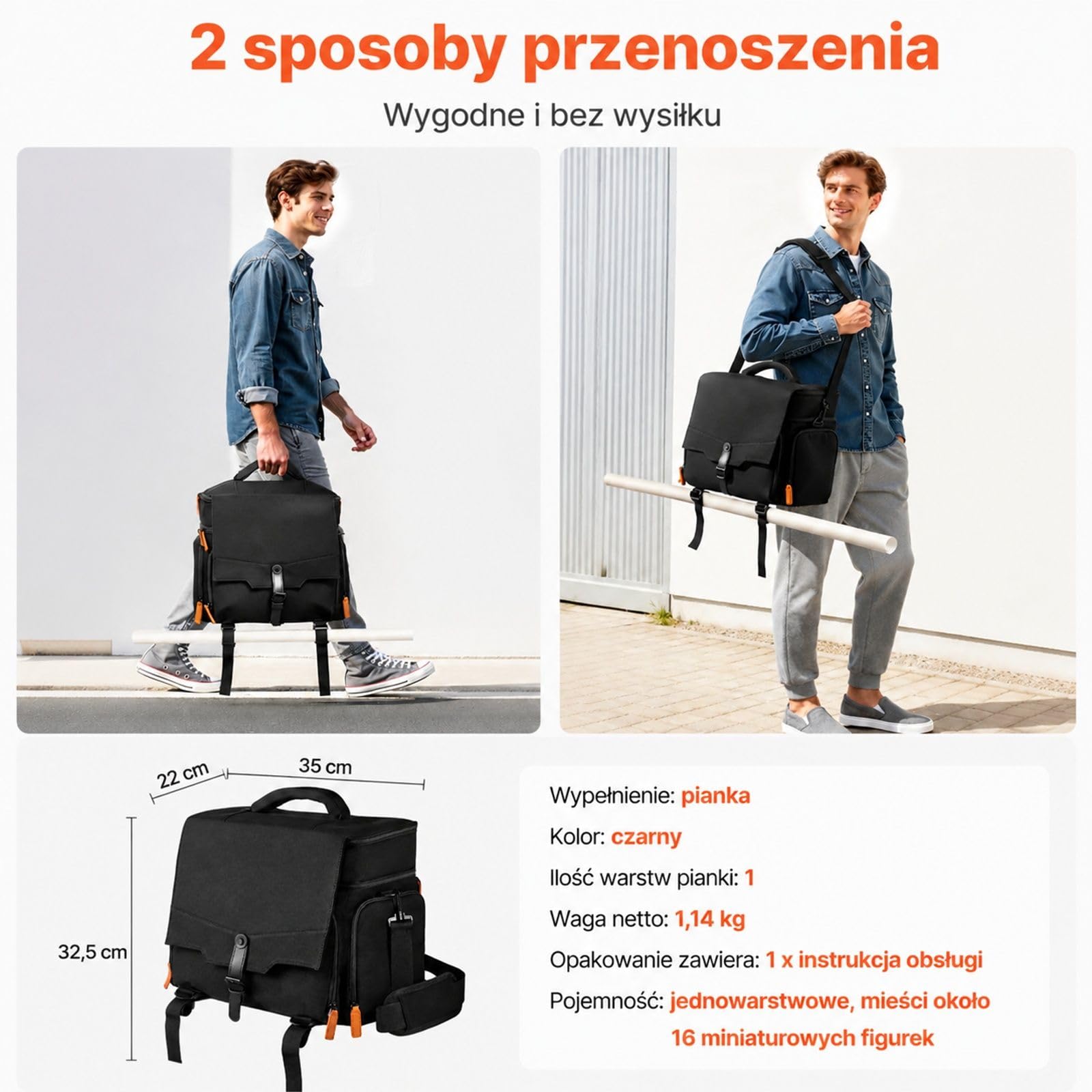 Torba transportowa na 16 miniatur piechoty, uchwyt, regulowany pasek na ramię, 1 warstwa pianki, modele nie wchodzą w skład zestawu