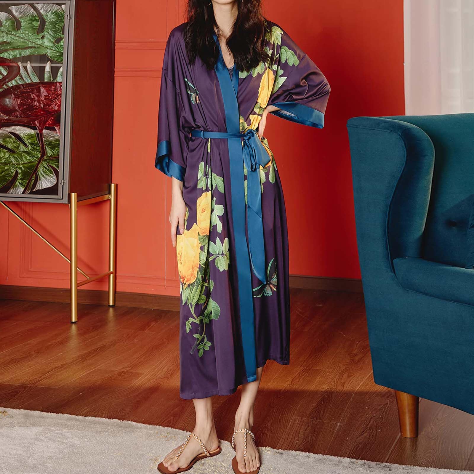 Generisch 2026 Lujoso Kimono de satén floral para mujer, sensación fresca, manga 3/4, bata, ropa de dormir