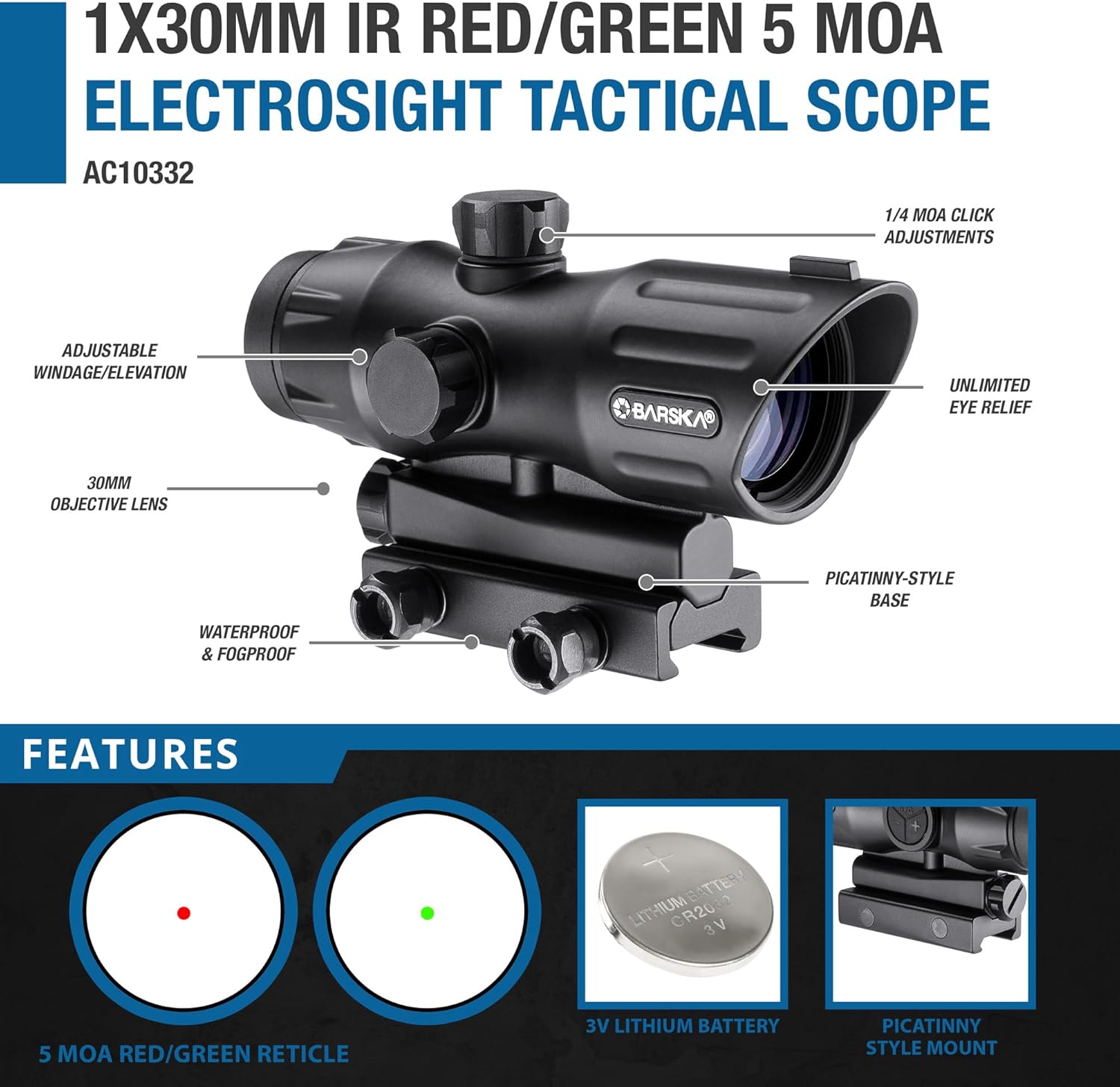 Barska 1x30mm Red/Green Illuminated Dot Sight – Waterproof, Fogproof, 5 MOA Reticle