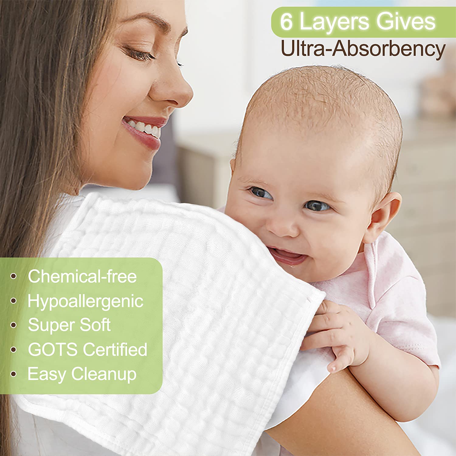 Muslin Burp Cloths - 100% Organic Cotton Large Hand Washcloths 6 Layers Super Absorbent and Soft by KiddyCare - 4 Pack, White : Baby