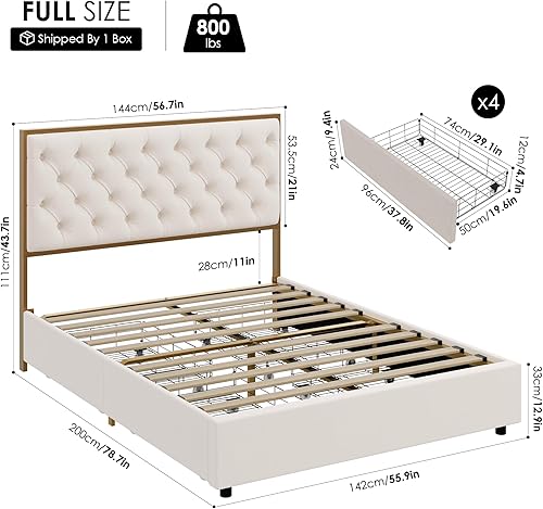 Miniatura 2 de HIFIT Base de cama tapizada tamaño matrimonial con 4 cajones de almacenamiento y cabecera capitonada con botones hecha a mano, cama de