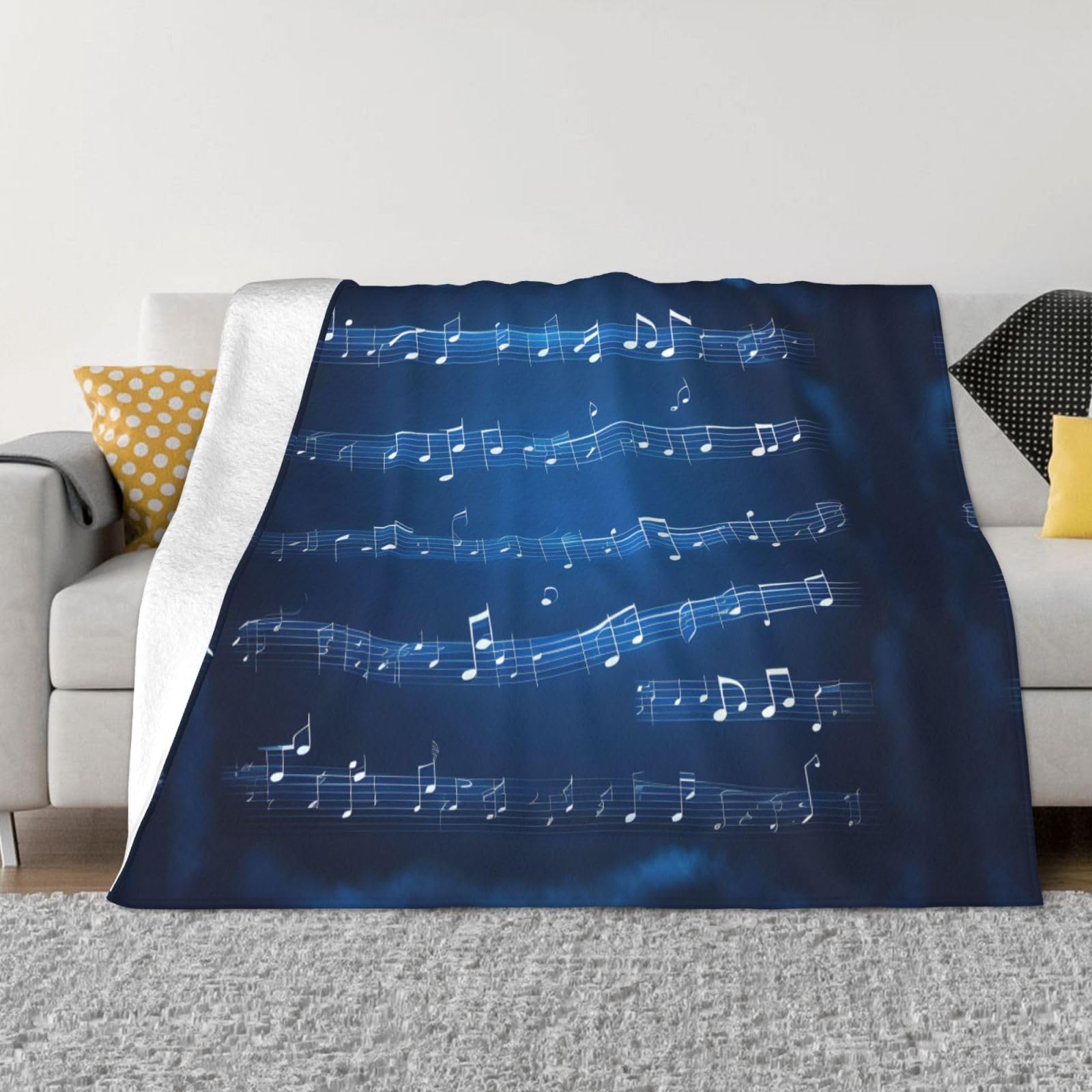 Couverture polaire bleue motif musique pour canapé et extérieur