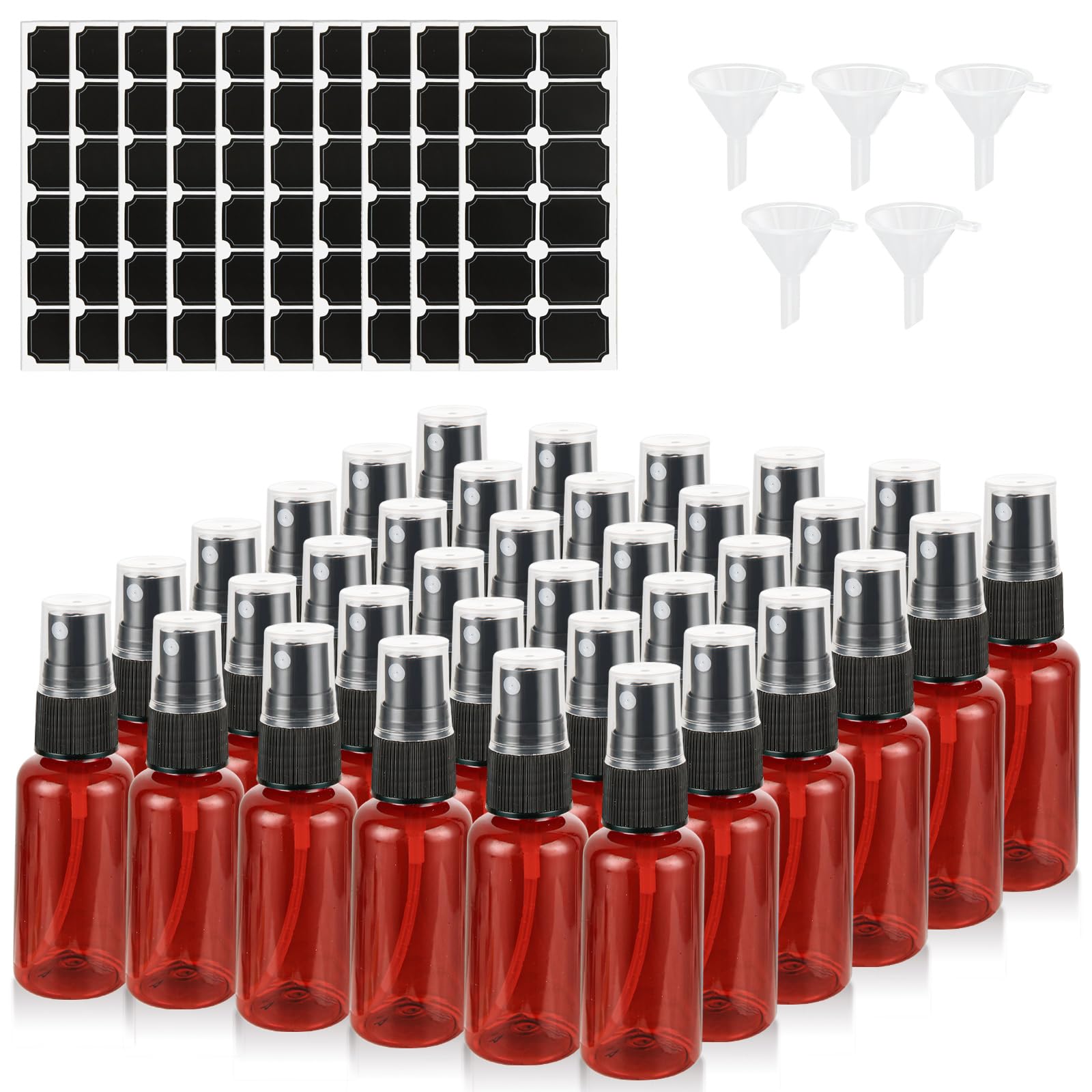 60PCS 1 oz Plastic Amber Spray Bottle, Empty Small Amber Spray Bottle with Sticker and Funnel, Refillable Mini Mister Spray Bottle for Essential Oils, Bath & Cleaning