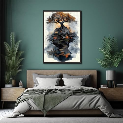 Miniatura 5 de Rompecabezas de casa del árbol de fantasía para adultos de 1000 piezas, rompecabezas de arte de árbol natural con cabaña de bosque, cielo al