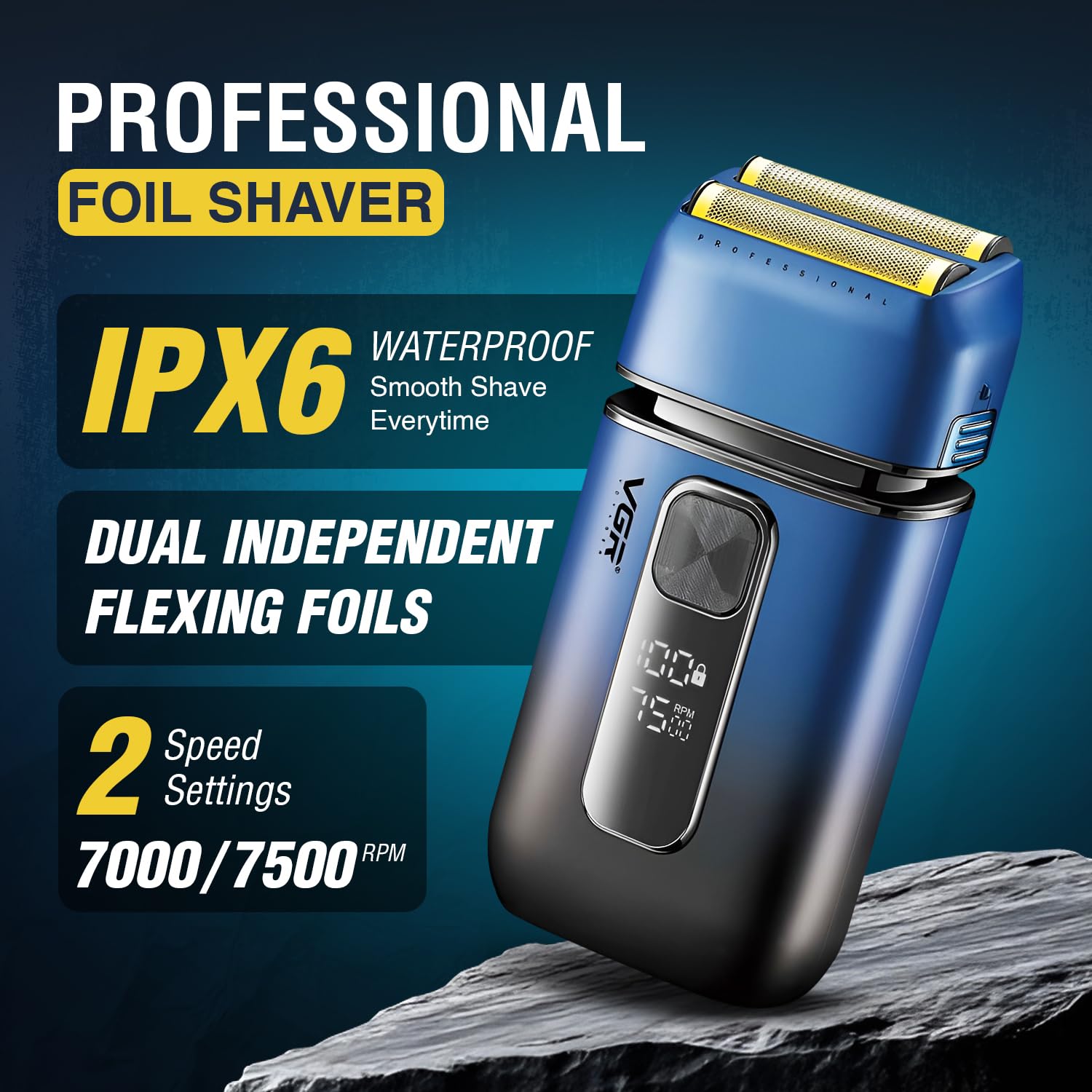 VGR V-362 Foil Shaver showing IPX6 waterproof, dual independent flexing foils, and two speed settings.