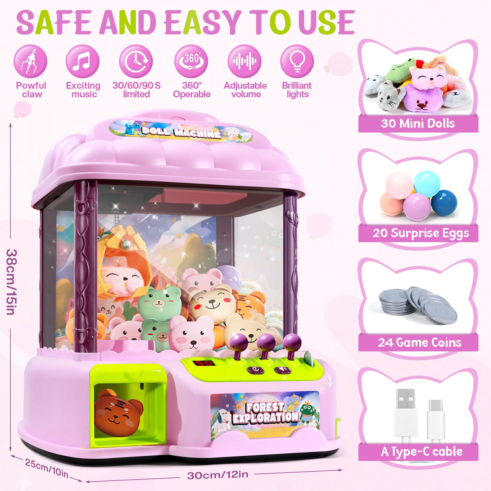MIAOKE Large Claw Machine for Children, Electronic Arcade Game Console with Adjustable Sound, Birthday Gift for Children, Includes 30 Toys & 24 Game Coins & 20 Surprise Eggs