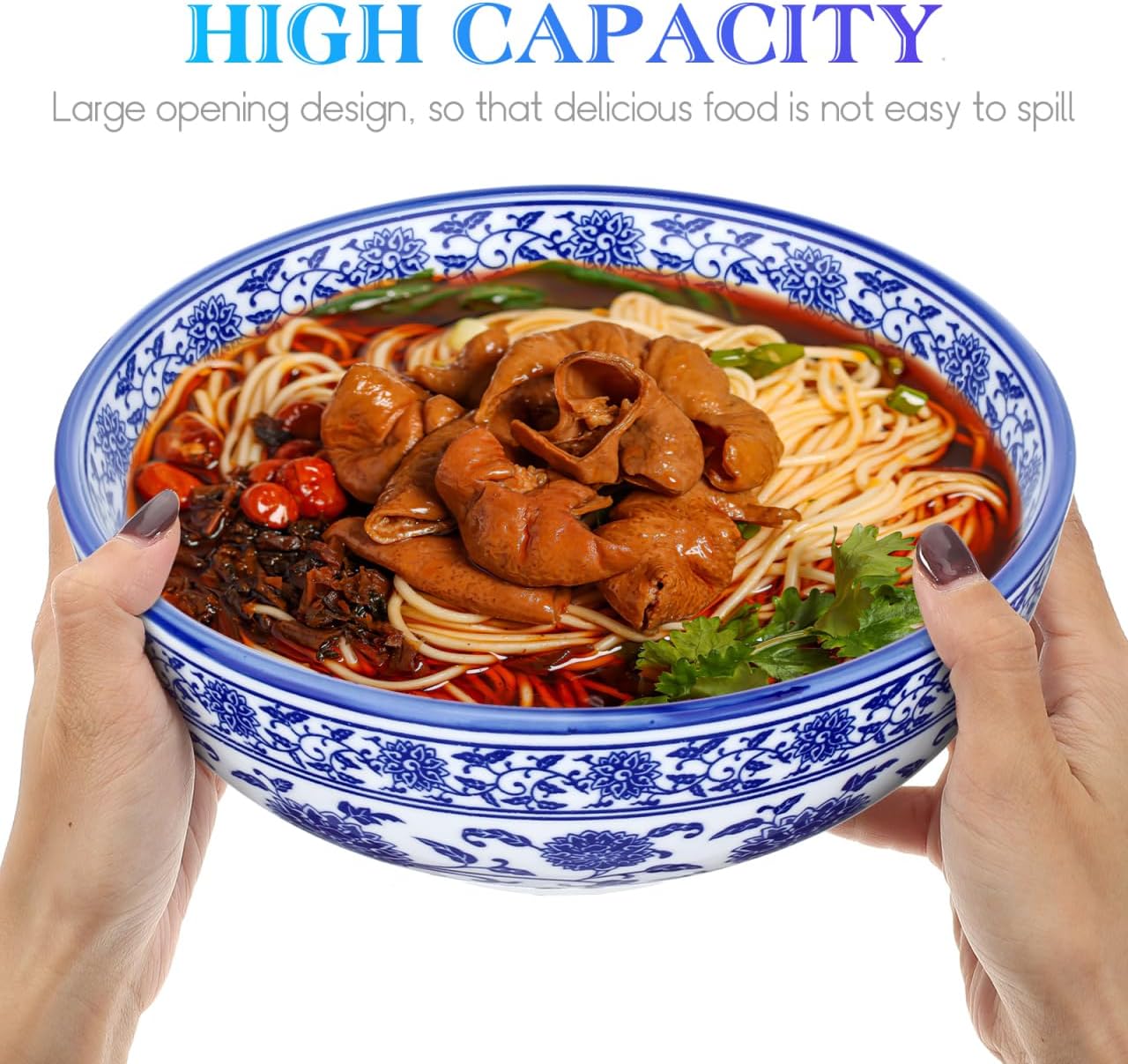 Luxshiny Blue White Porcelain Bowl, 8 Inch Chinese Ceramic Bowl Asian Serving Container for Salad Pasta Rice Porridge Fruits Udon Soba